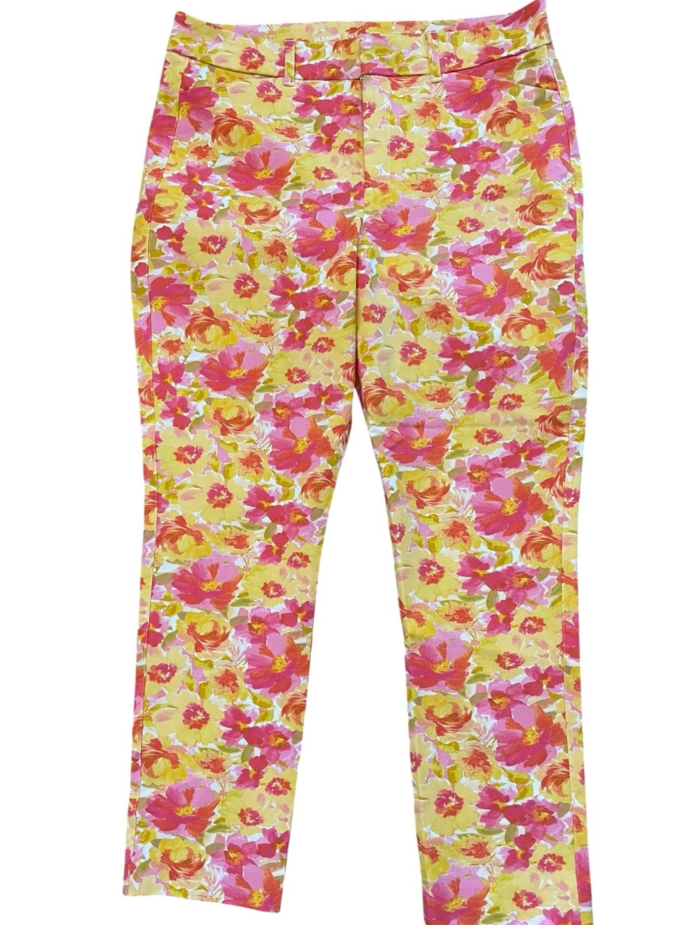 Old Navy Women's Pixie Skinny high Rise Ankle Pants. Yellow & Pink Floral Mix - Picture 2 of 7